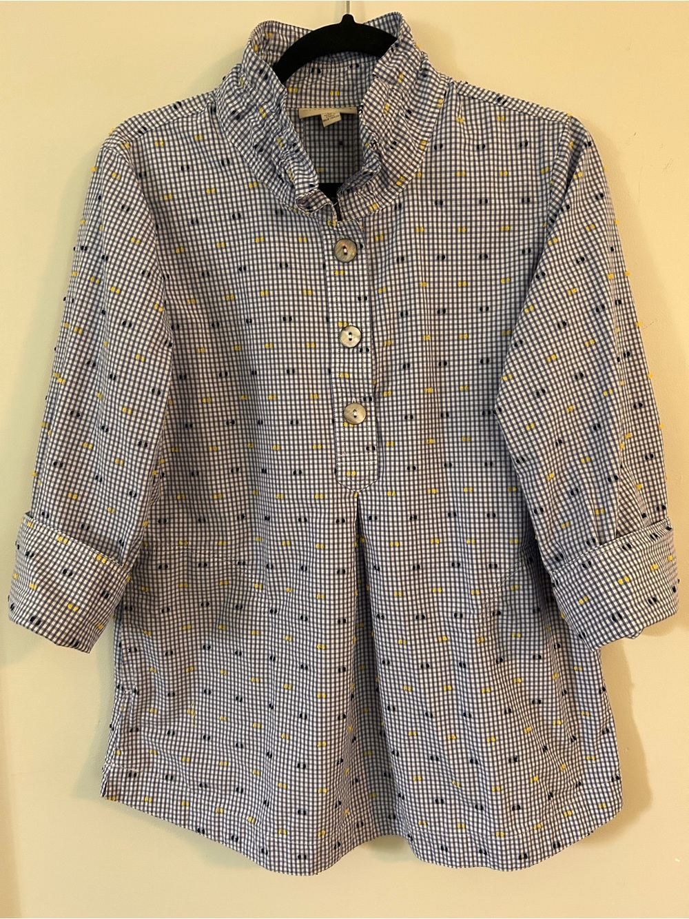 Women’s pullover top Appleseeds blue & white gingham check Sz Medium 100% Cotton
